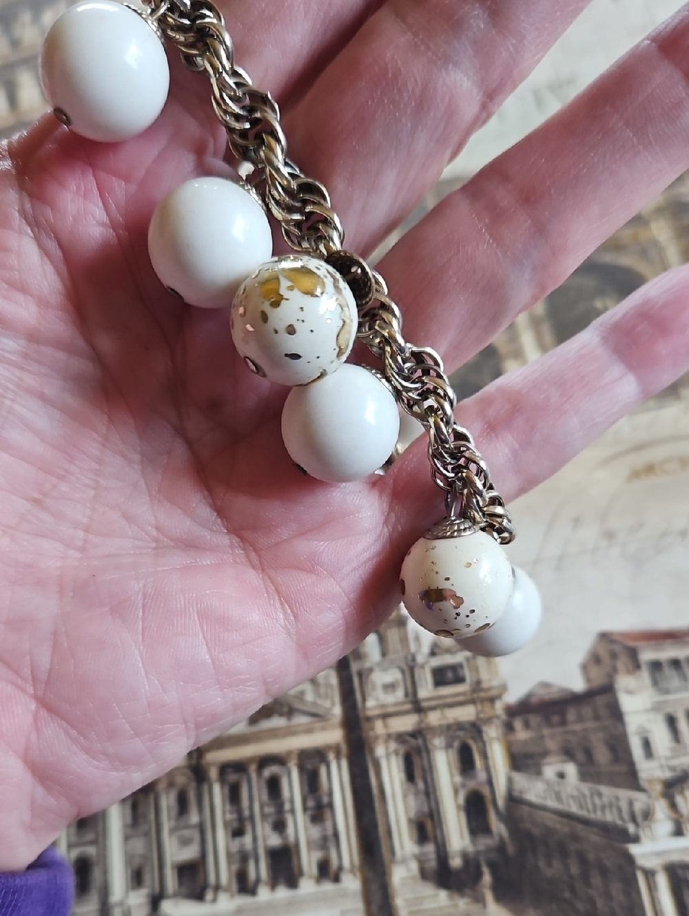 Vintage White Bead Charm Bracelet with Gold Fleck Accents Gold Tone Thick Links - Picture 2 of 6
